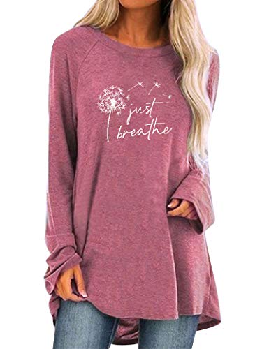 Dresswel Damen Just Breathe Löwenzahn Tunika Tops Langarm Oberteile Pusteblume Pullover Langarmshirt Lose Lang Bluse T Shirt von Dresswel