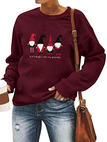 Dresswel Damen Just Hangin with My Gnomies Lustig Christmas Sweatshirt Dwarf Gift Weihnachten Pullover Kurzarm Langarm T-Shirt von Dresswel