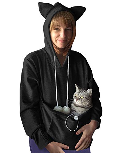 Dresswel Damen Kapuzenpullover Pulli mit Hundetasche Katzen Hund Tasche Hoodie Katze Sweatshirt Pullover mit Kapuze Katzenpulli Beutel Langarm Herbst Winter von Dresswel