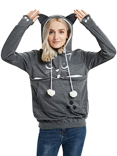 Dresswel Damen Kapuzenpullover Pulli mit Hundetasche Katzen Hund Tasche Hoodie Katze Sweatshirt Pullover mit Kapuze Katzenpulli Beutel Langarm Herbst Winter von Dresswel