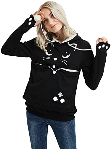 Dresswel Damen Kapuzenpullover Pulli mit Hundetasche Katzen Hund Tasche Hoodie Katze Sweatshirt Pullover mit Kapuze Katzenpulli Beutel Langarm Herbst Winter von Dresswel