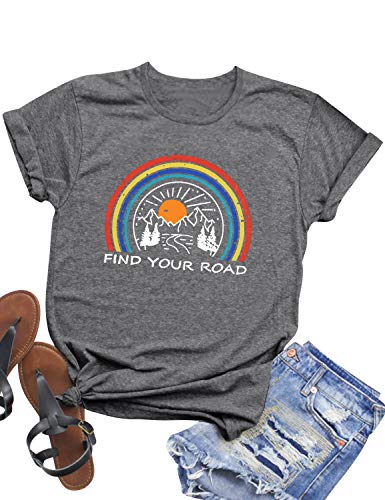 Dresswel Damen Kurzarm T-Shirt Rundhals mit Find Your Road Regenbogen Grafikdruck T Shirt Tops Oberteil Hemd von Dresswel