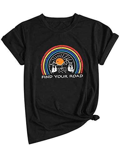 Dresswel Damen Kurzarm T-Shirt Rundhals mit Find Your Road Regenbogen Grafikdruck T Shirt Tops Oberteil Hemd von Dresswel