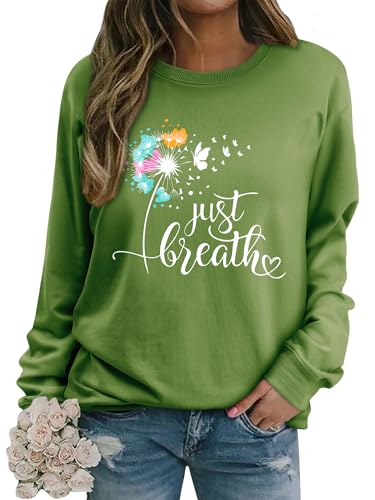 Dresswel Damen Löwenzahn Sweatshirt Langarmshirt Just Breath Pusteblume Schmetterling Drucken Pullover Herbst Winter Bluse Tops Oberteile von Dresswel