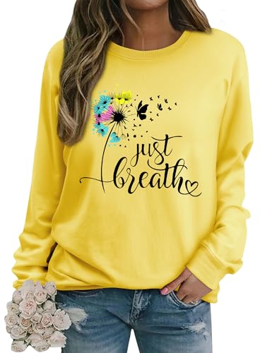 Dresswel Damen Löwenzahn Sweatshirt Langarmshirt Just Breath Pusteblume Schmetterling Drucken Pullover Herbst Winter Bluse Tops Oberteile von Dresswel