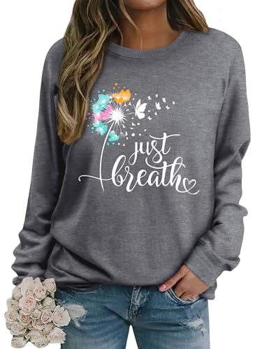 Dresswel Damen Löwenzahn Sweatshirt Langarmshirt Just Breath Pusteblume Schmetterling Drucken Pullover Herbst Winter Bluse Tops Oberteile von Dresswel