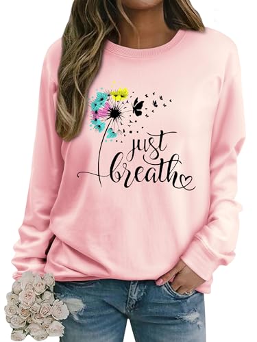 Dresswel Damen Löwenzahn Sweatshirt Langarmshirt Just Breath Pusteblume Schmetterling Drucken Pullover Herbst Winter Bluse Tops Oberteile von Dresswel