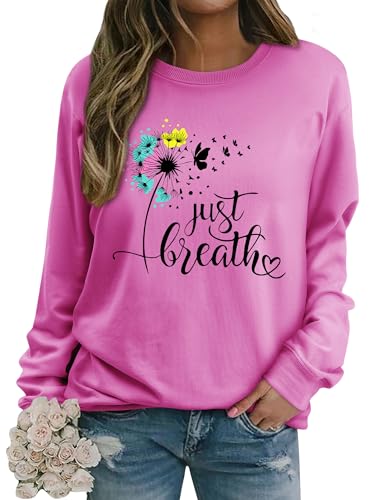 Dresswel Damen Löwenzahn Sweatshirt Langarmshirt Just Breath Pusteblume Schmetterling Drucken Pullover Herbst Winter Bluse Tops Oberteile von Dresswel