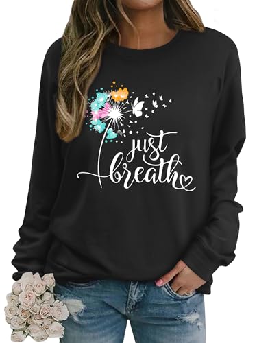 Dresswel Damen Löwenzahn Sweatshirt Langarmshirt Just Breath Pusteblume Schmetterling Drucken Pullover Herbst Winter Bluse Tops Oberteile von Dresswel