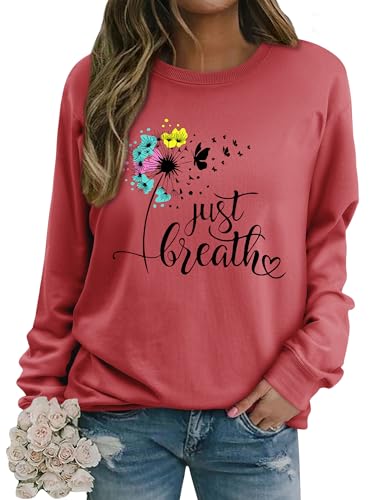 Dresswel Damen Löwenzahn Sweatshirt Langarmshirt Just Breath Pusteblume Schmetterling Drucken Pullover Herbst Winter Bluse Tops Oberteile von Dresswel