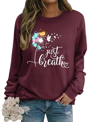 Dresswel Damen Löwenzahn Sweatshirt Langarmshirt Just Breath Pusteblume Schmetterling Drucken Pullover Herbst Winter Bluse Tops Oberteile von Dresswel