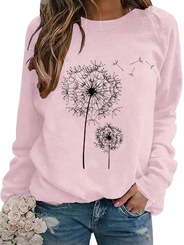 Dresswel Damen Löwenzahn Sweatshirt Langarmshirt Pusteblume Drucken Pullover Herbst Winter Bluse Tops Oberteile(Hellrosa, XL) von Dresswel