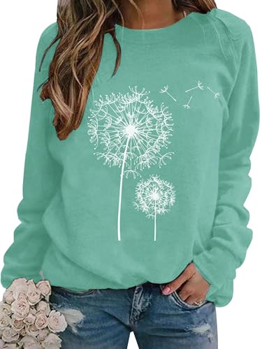 Dresswel Damen Löwenzahn Sweatshirt Langarmshirt Pusteblume Drucken Pullover Herbst Winter Bluse Tops Oberteile(Mintgrün, XL) von Dresswel