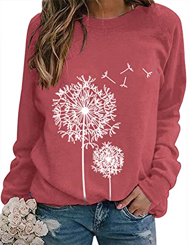 Dresswel Damen Löwenzahn Sweatshirt Langarmshirt Pusteblume Drucken Pullover Herbst Winter Bluse Tops Oberteile(Rosa, 2XL) von Dresswel