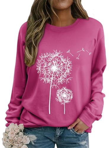 Dresswel Damen Löwenzahn Sweatshirt Langarmshirt Pusteblume Drucken Pullover Herbst Winter Bluse Tops Oberteile(Rosy, XL) von Dresswel