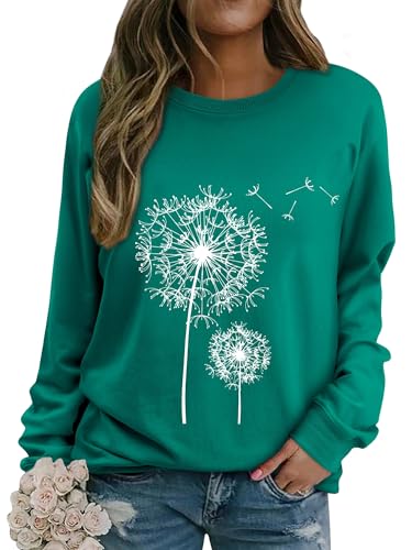 Dresswel Damen Löwenzahn Sweatshirt Langarmshirt Pusteblume Drucken Pullover Herbst Winter Bluse Tops Oberteile(Teal, 2XL) von Dresswel