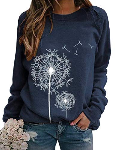 Dresswel Damen Löwenzahn Sweatshirt Langarmshirt Pusteblume Drucken Pullover Herbst Winter Bluse Tops Oberteile(Navy,L) von Dresswel