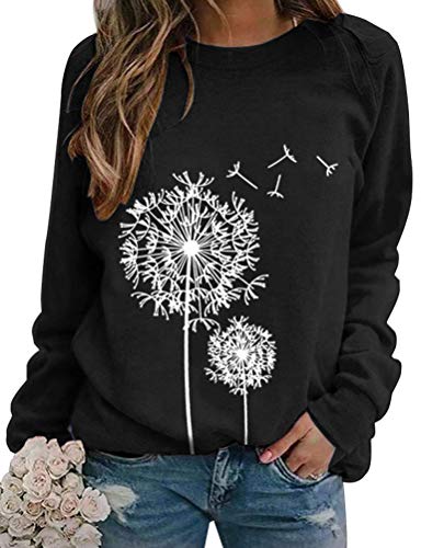 Dresswel Damen Löwenzahn Sweatshirt Langarmshirt Pusteblume Drucken Pullover Herbst Winter Bluse Tops Oberteile (2-Black, M) von Dresswel