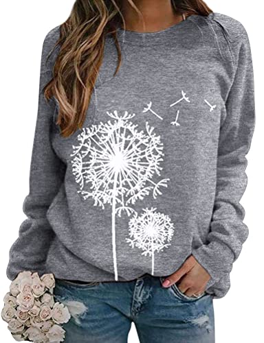 Dresswel Damen Löwenzahn Sweatshirt Langarmshirt Pusteblume Drucken Pullover Herbst Winter Bluse Tops Oberteile (2-Grey, L) von Dresswel