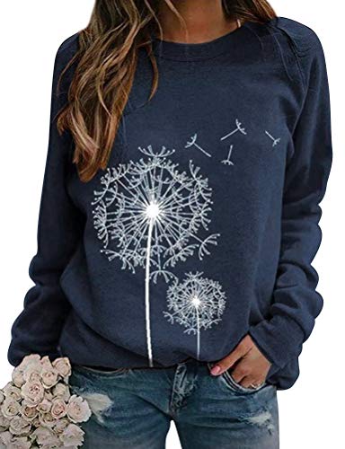 Dresswel Damen Löwenzahn Sweatshirt Langarmshirt Pusteblume Drucken Pullover Herbst Winter Bluse Tops Oberteile(Navy,XXL) von Dresswel