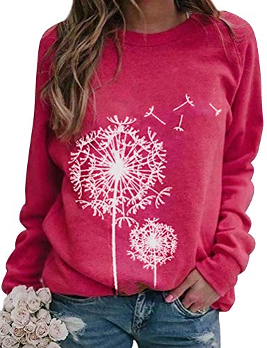 Dresswel Damen Löwenzahn Sweatshirt Langarmshirt Pusteblume Drucken Pullover Herbst Winter Bluse Tops Oberteile (Watermelon Red, L) von Dresswel