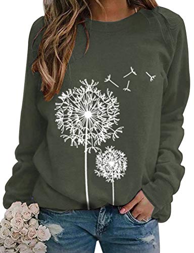 Dresswel Damen Löwenzahn Sweatshirt Langarmshirt Pusteblume Drucken Pullover Herbst Winter Bluse Tops Oberteile (XXL, 2-Dark Green) von Dresswel