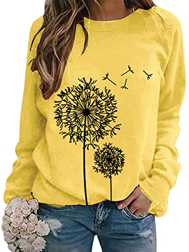 Dresswel Damen Löwenzahn Sweatshirt Langarmshirt Pusteblume Drucken Pullover Herbst Winter Bluse Tops Oberteile(Hellrosa, XL) von Dresswel