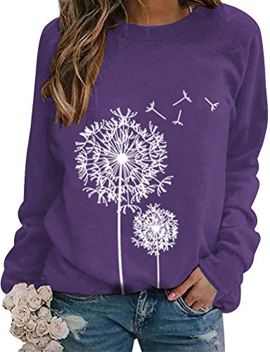 Dresswel Damen Löwenzahn Sweatshirt Langarmshirt Pusteblume Drucken Pullover Herbst Winter Bluse Tops Oberteile von Dresswel