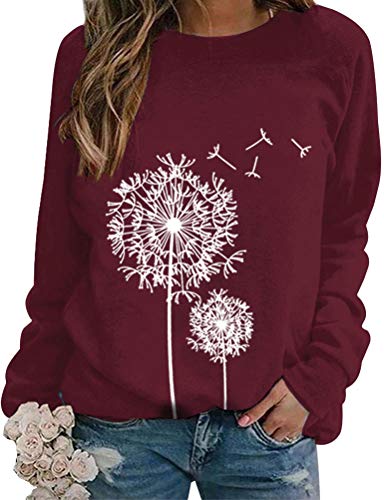 Dresswel Damen Löwenzahn Sweatshirt Langarmshirt Pusteblume Drucken Pullover Herbst Winter Bluse Tops Oberteile(Hellrosa, M) von Dresswel