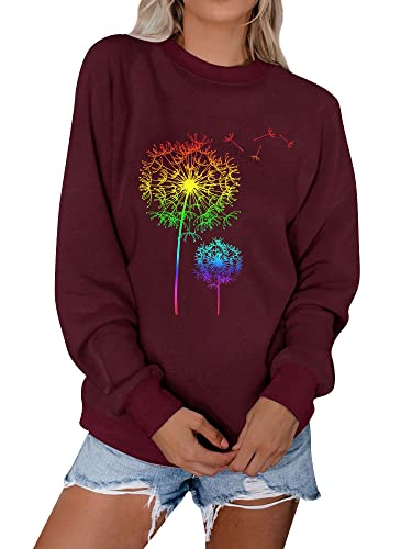 Dresswel Damen Löwenzahn Sweatshirt Langarmshirt Pusteblume Drucken Pullover Herbst Winter Bluse Tops Oberteile(Rosy, S) von Dresswel