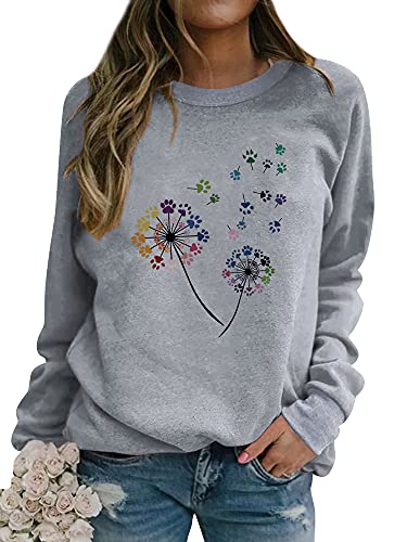 Dresswel Damen Löwenzahn Sweatshirt Pusteblume Pullover Pulli Niedlicher Hundepfoten-Grafikdruck Langarmshirt Bluse Tops von Dresswel