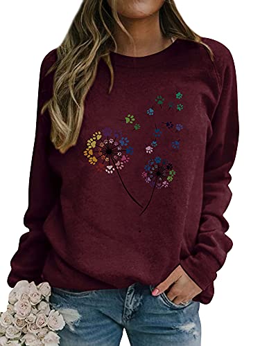 Dresswel Damen Löwenzahn Sweatshirt Pusteblume Pullover Pulli Niedlicher Hundepfoten-Grafikdruck Langarmshirt Bluse Tops von Dresswel