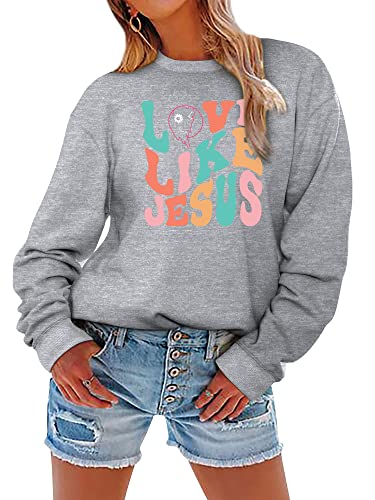 Dresswel Damen Love Like Jesus Sweatshirt Preppy Retro Christian Faith Pullover Kleidung Rundhals Langarmshirt Basic Baumwolle Bluse Tops von Dresswel