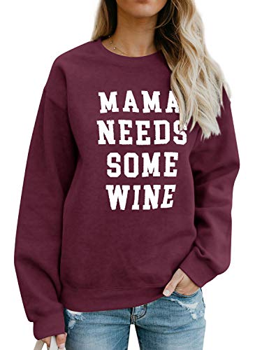 Dresswel Damen Mama Needs Some Wine Sweatshirt Rundhals Langarmshirt Mama Pullover Top Bluse Oberteile von Dresswel