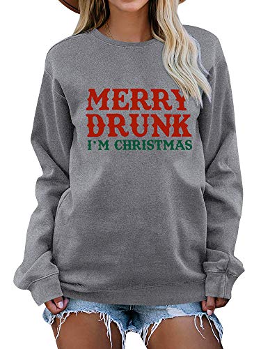 Dresswel Damen Merry Drunk Im Christmas Sweatshirt Weihnachtspullover Lustiger Xmas Pullover Pulli Tops Bluse von Dresswel