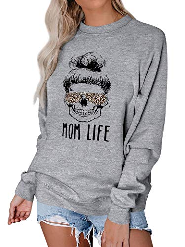 Dresswel Damen Mom Life Sweatshirt Leopard Sonnenbrille Schädel Grafik Langarmshirt Lustig Mama Pullover Pulli Bluse Oberteile von Dresswel