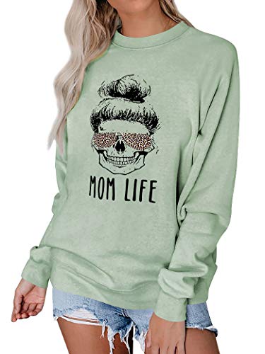 Dresswel Damen Mom Life Sweatshirt Leopard Sonnenbrille Schädel Grafik Langarmshirt Lustig Mama Pullover Pulli Bluse Oberteile von Dresswel