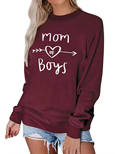 Dresswel Damen Mom of Boys Pullover Mama Sweatshirt mit Rundhalsausschnitt Langarmshirt Pulli Bluse Oberteile Top (Wine Red, M) von Dresswel