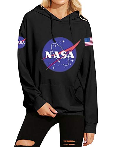 Dresswel Damen NASA Hoodie Kapuzenpullover mit Warmes Fleece Pullover Kapuzenpulli Top Jumper Sweatshirt mit Känguru-Tasche, 1-black, M von Dresswel
