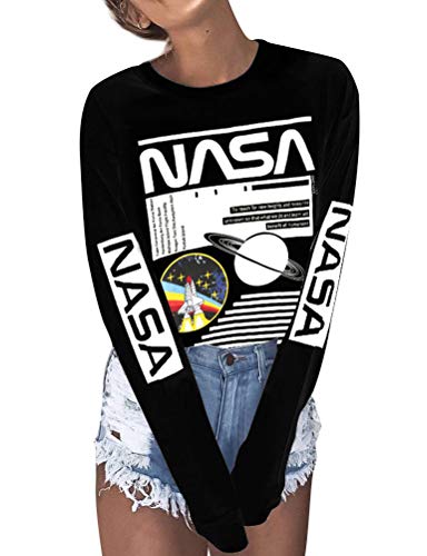 Dresswel Damen NASA Langarmshirt Planet Grafik Drucken Rundhals Langarm Hemd T-Shirt Tops Sweatshirt Bluse Pullover von Dresswel