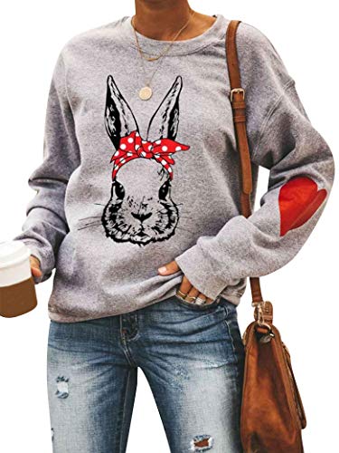 Dresswel Damen Netter Kaninchen Sweatshirt Herz Patchwork Pullover Pulli Rundhals Langarmshirt Bluse Top Oberteile von Dresswel