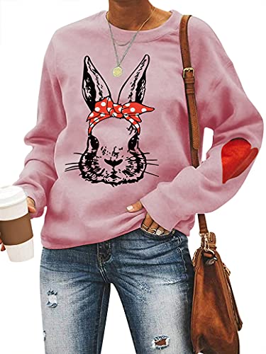 Dresswel Damen Netter Kaninchen Sweatshirt Herz Patchwork Pullover Pulli Rundhals Langarmshirt Bluse Top Oberteile von Dresswel