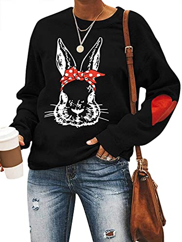 Dresswel Damen Netter Kaninchen Sweatshirt Herz Patchwork Pullover Pulli Rundhals Langarmshirt Bluse Top Oberteile von Dresswel