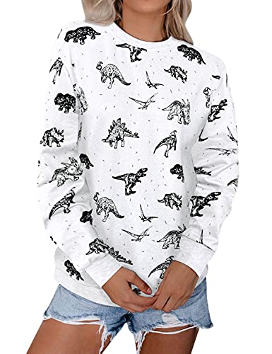 Dresswel Damen Niedlich Dinosaurier Sweatshirt Frauen Langarmshirt Pullover mit Rundhalsausschnitt Pulli Oberteile Top Bluse von Dresswel