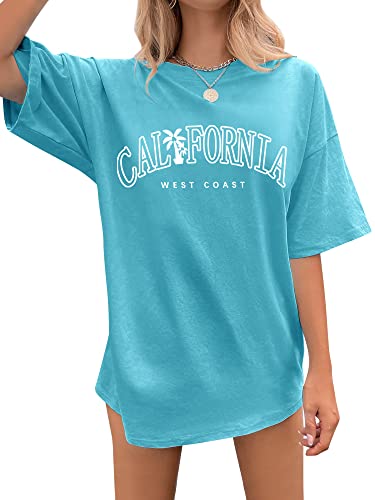 Dresswel Damen Oversize T Shirt California Brief Druck Sommer Urlaub T-Shirt Kurzarm Rundhals Oversized Tshirts Lose Tops Lang Oberteile Bluse für Frauen Teenager Mädchen von Dresswel