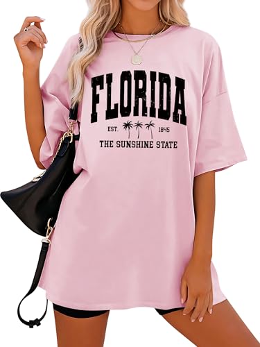 Dresswel Damen Oversize T Shirt Florida Brief Druck Sommer Urlaub T-Shirt Kurzarm Rundhals Oversized Tshirts Lose Tops Lang Oberteile Bluse für Frauen Teenager Mädchen von Dresswel