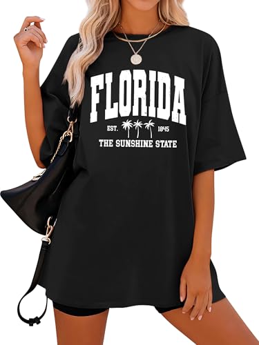 Dresswel Damen Oversize T Shirt Florida Brief Druck Sommer Urlaub T-Shirt Kurzarm Rundhals Oversized Tshirts Lose Tops Lang Oberteile Bluse für Frauen Teenager Mädchen von Dresswel