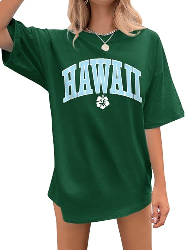 Dresswel Damen Oversize T Shirt Hawaii Brief Druck Sommer Urlaub T-Shirt Kurzarm Rundhals Oversized Tshirts Lose Tops Lang Oberteile Bluse für Frauen Teenager Mädchen von Dresswel
