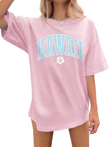 Dresswel Damen Oversize T Shirt Hawaii Brief Druck Sommer Urlaub T-Shirt Kurzarm Rundhals Oversized Tshirts Lose Tops Lang Oberteile Bluse für Frauen Teenager Mädchen von Dresswel