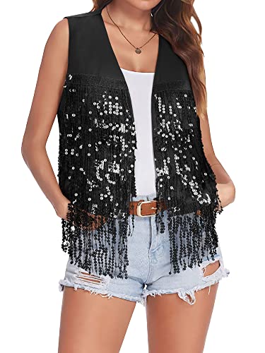 Dresswel Damen-Weste mit Pailletten, Fransen, Glitzer, vorne offen, Cardigan, Party, Abschlussball, Rave, ärmellos, Quasten, Weste, Schwarz, XX-Large von Dresswel